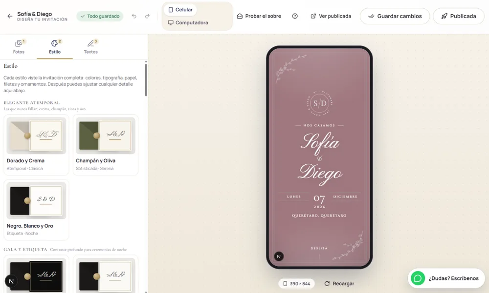 Editor de La Gran Cita en la pestaña Estilo, con estilos, colores y tipografías